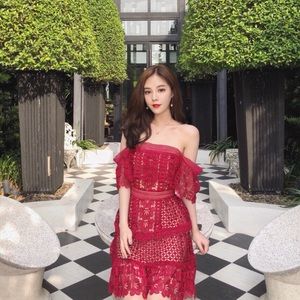 Self-portrait red lace off-shoulder dress